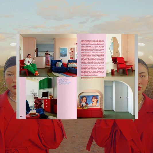 Open architecture magazine spread with interior room photos and text columns