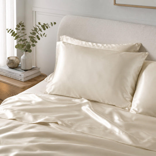 Ivory satin pillowcase on bed with smooth sheen and neat edge stitching
