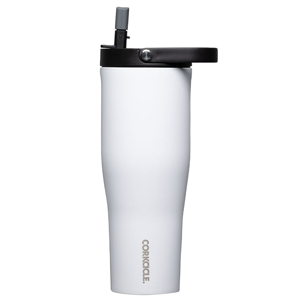 Corkcicle Go Cup XL insulated travel cup, gloss white body with black lid and press tab