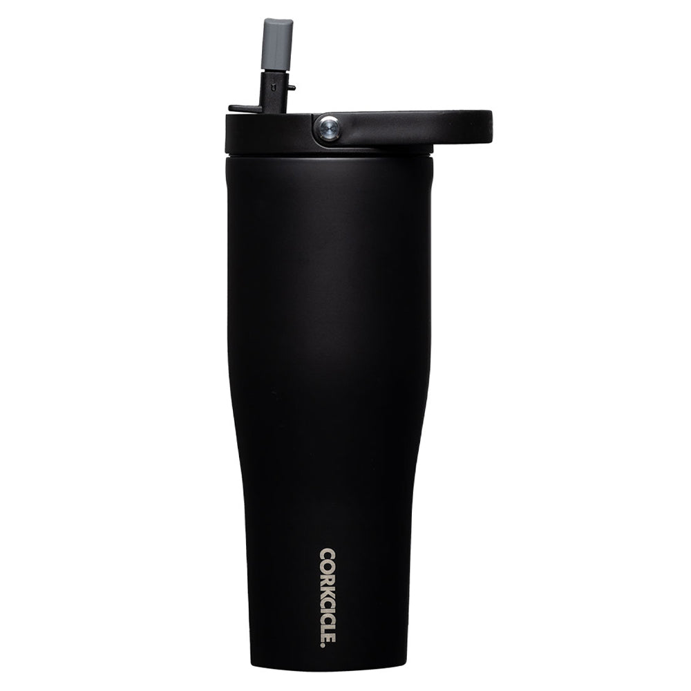 Matte black Go Cup XL travel cup with flip-top lid and handle loop