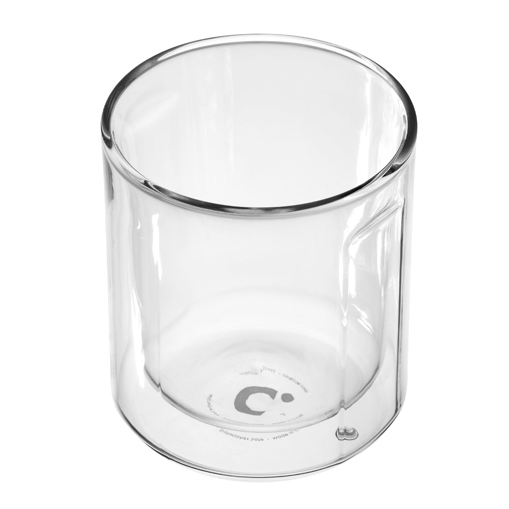 Clear glass rocks tumbler, cylindrical with thick rim and embossed logo on base