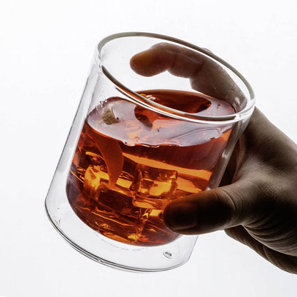 Clear glass rocks tumbler filled with amber drink, held by gloved hand