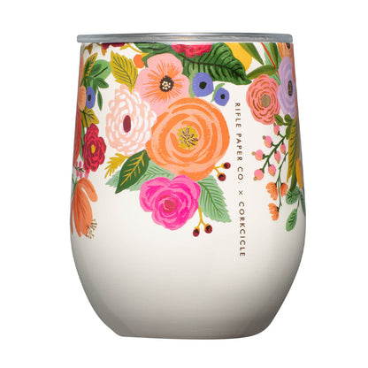 Cream stemless tumbler with floral Rifle Paper garden design and stainless rim