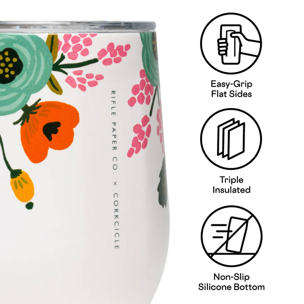 Cream stemless tumbler with floral print, flat sides and triple-insulated icons
