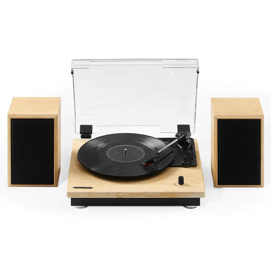 Natural wood record player shelf system with speakers, clear cover over black platter