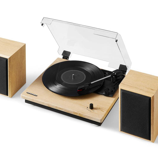 Natural wood record player shelf system with speakers, clear cover and black turntable