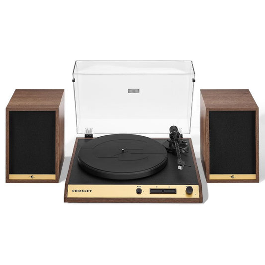 Walnut record player with clear dust cover and two built-in speaker cabinets