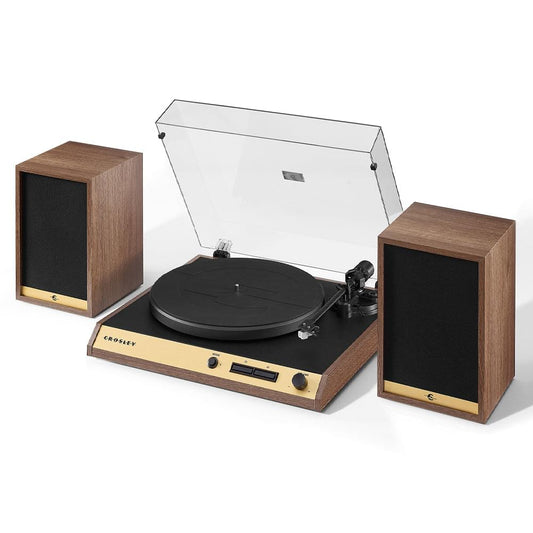 Walnut turntable with dust cover and two matching speaker cabinets on either side