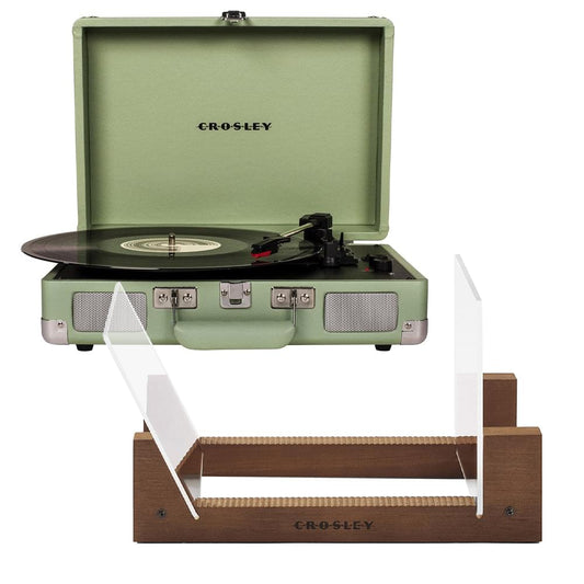 Mint Crosley portable turntable open with vinyl on platter and built-in speakers