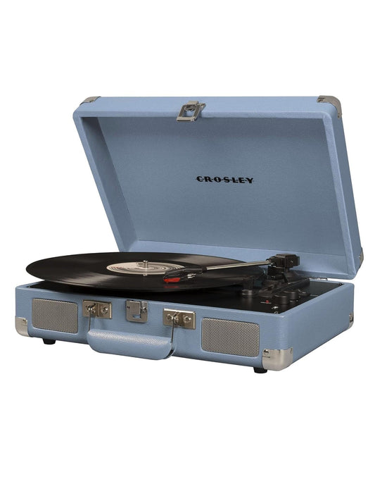 Light blue portable turntable with open lid, black vinyl on spinning platter