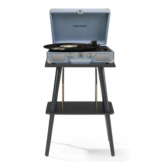 Blue portable turntable in open suitcase on a black two-shelf stand