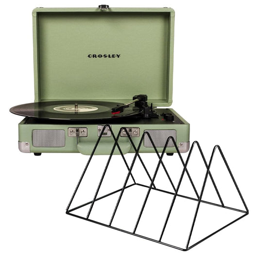Mint Crosley Bluetooth portable turntable in open case with vinyl rack
