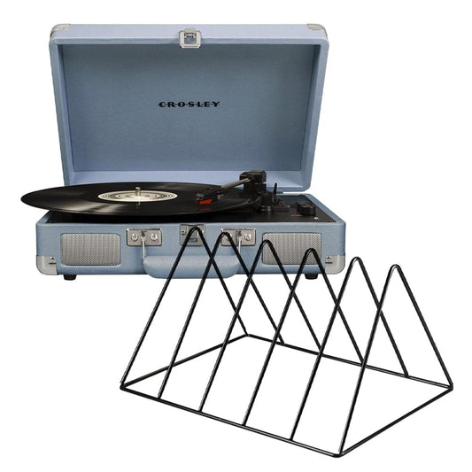 Turquoise portable turntable with open lid, black record, and front speaker grille