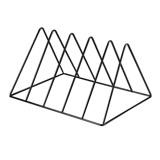 Black metal vinyl record rack stand, angled with multiple slots