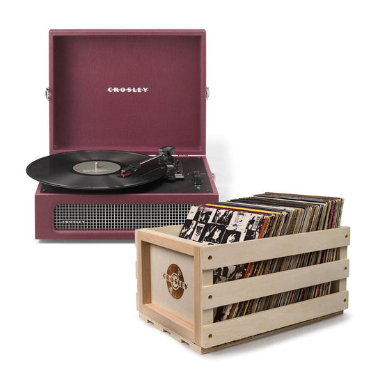 Burgundy portable turntable with open lid and black vinyl record on platter