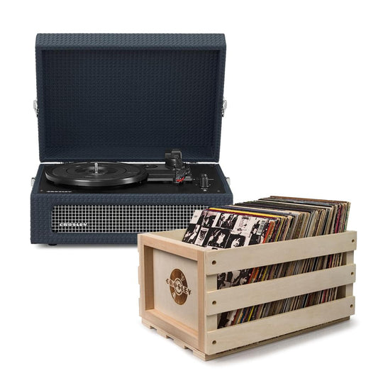 Navy portable turntable with open lid and vinyl record; bundled wood record storage crate