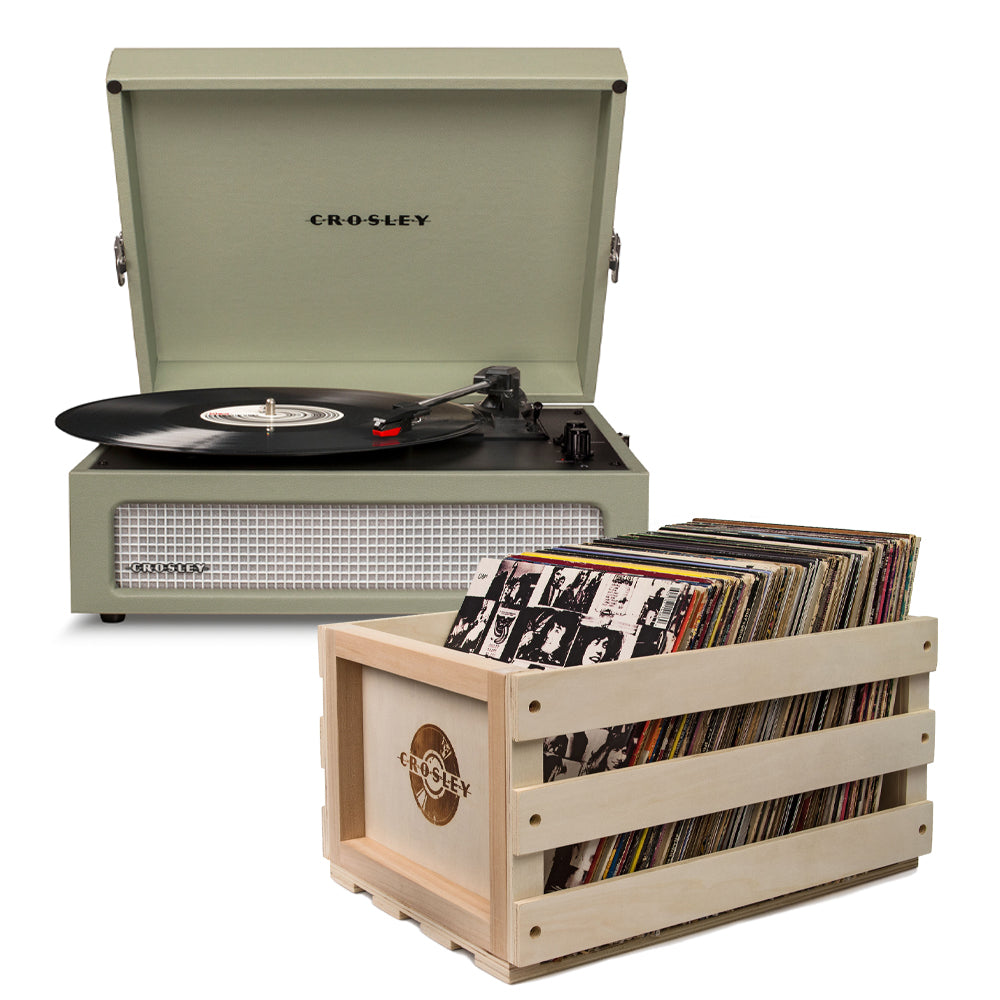 Sage portable Bluetooth turntable with record storage crate, open lid, Crosley logo