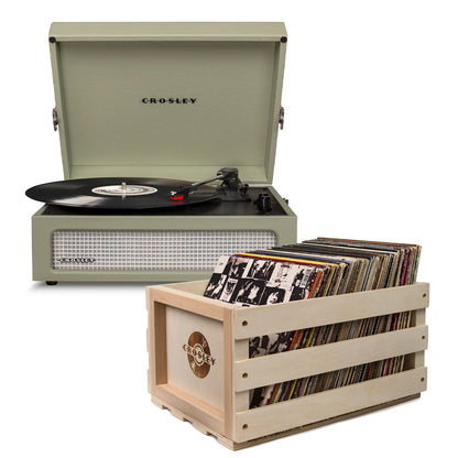 Sage portable Bluetooth turntable with record storage crate, open lid, Crosley logo