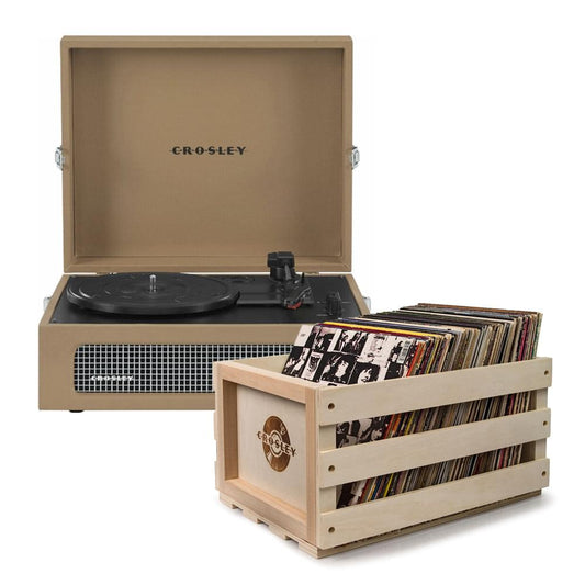 Tan portable turntable with open lid and bundled record storage crate