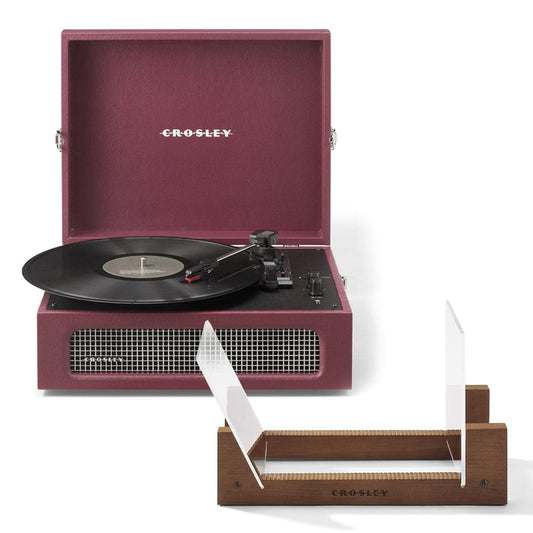 Burgundy turntable with open lid and black vinyl record on platter
