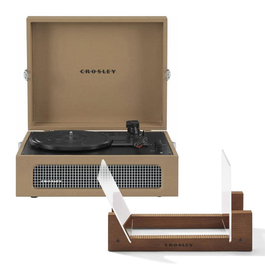 Tan Crosley portable turntable with record storage stand—open lid, black platter and tonearm.
