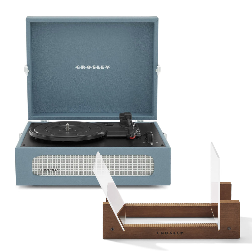 Crosley Voyager Bluetooth Portable Turntable + Bundled Crosley Record Storage Display Stand - Washed Blue