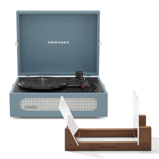 Washed blue portable turntable with open lid and black record platter, Crosley logo