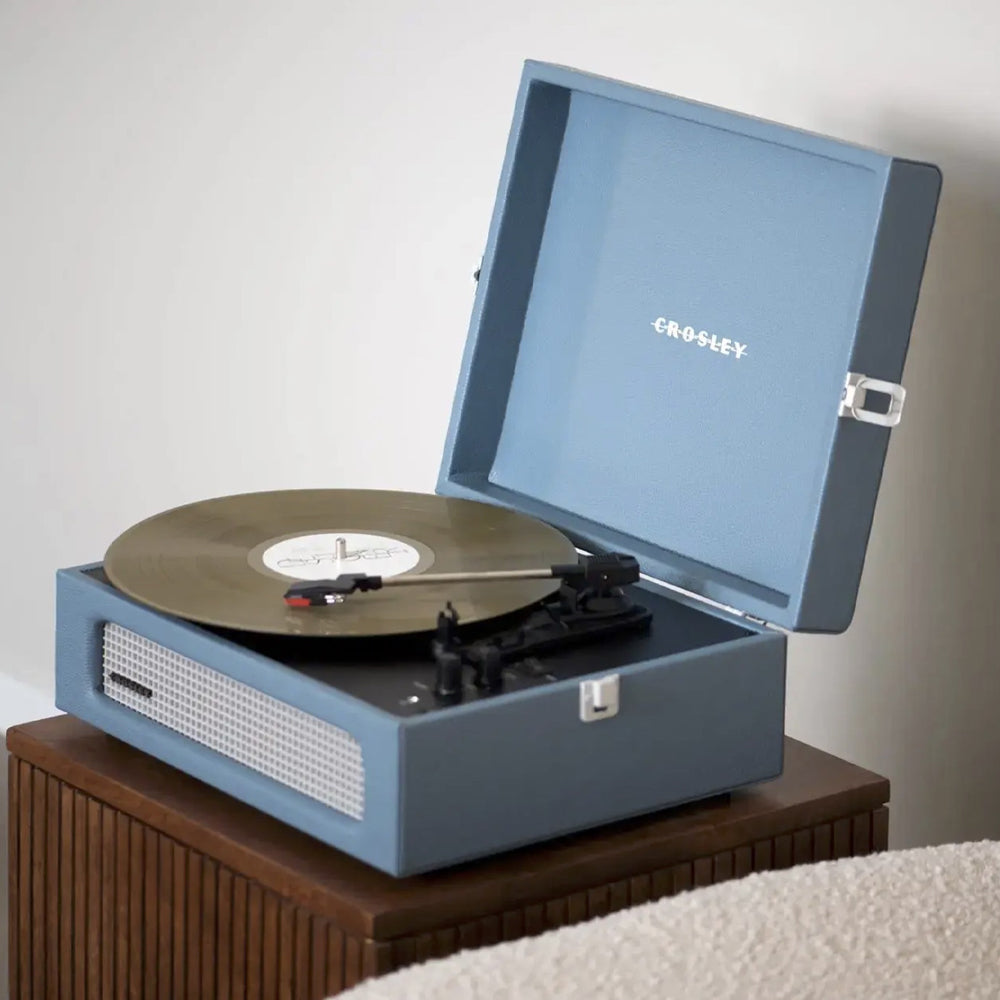 Crosley Voyager Bluetooth Portable Turntable + Bundled Crosley Record Storage Display Stand - Washed Blue