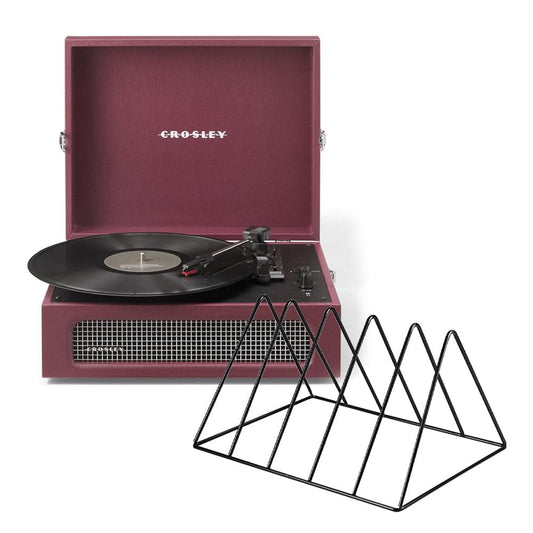 Burgundy portable turntable with open lid, spinning vinyl record and front speaker grille