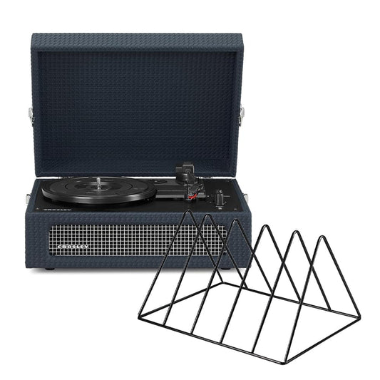 Navy portable Bluetooth turntable in open case with black vinyl rack