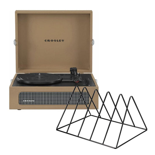 Tan portable turntable with open lid and black vinyl rack