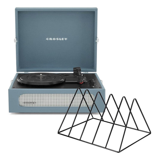 Washed blue Crosley portable turntable with record on platter and black vinyl rack