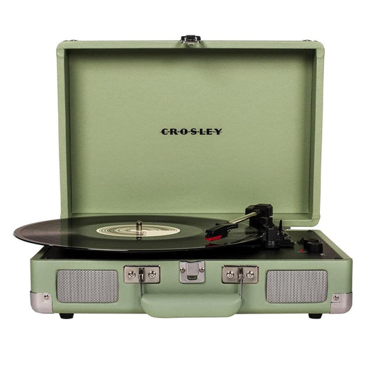 Mint portable turntable open case with vinyl record and tonearm assembly