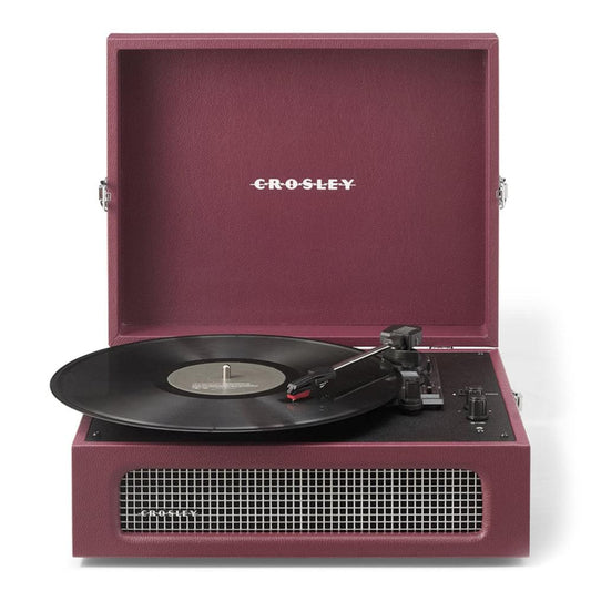 Burgundy portable Bluetooth turntable with open lid and record on platter