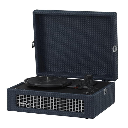 Navy portable Bluetooth turntable, lid open with platter and tonearm in travel case
