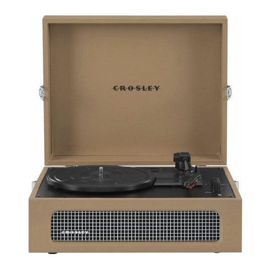 Tan portable Bluetooth turntable with open lid, turntable platter, and front speaker grille