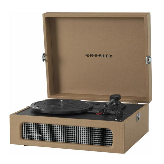 Tan portable Bluetooth turntable with open lid, tonearm on turntable, and speaker grille