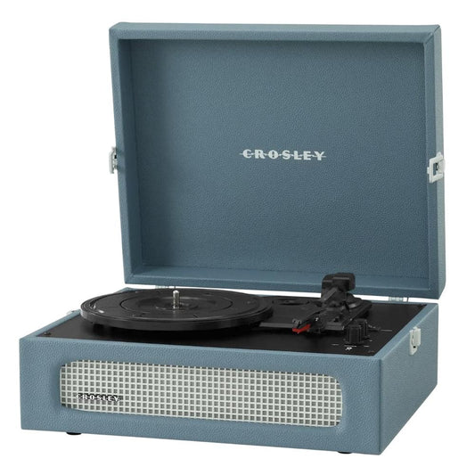Washed blue portable turntable with open lid and front speaker grille