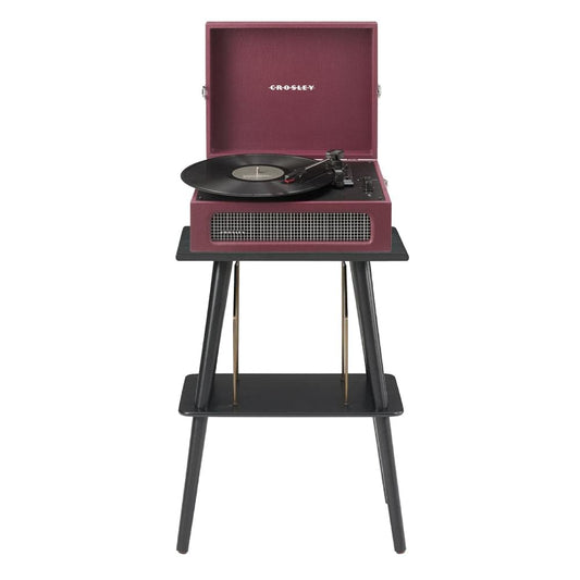 Burgundy portable turntable with open lid and platter on entertainment stand