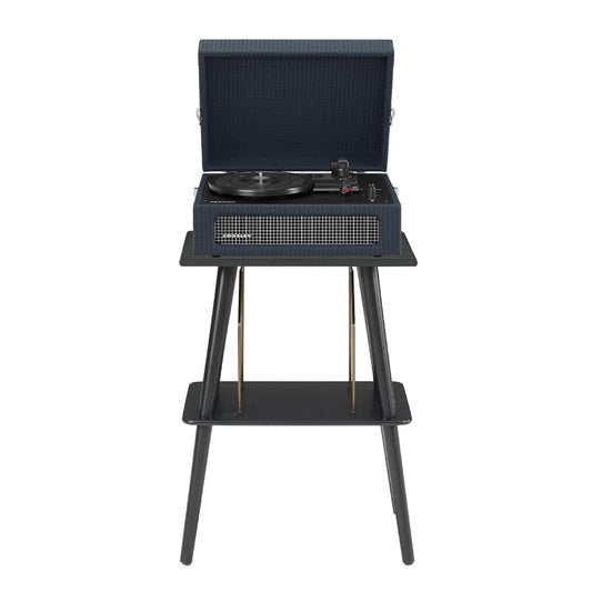 Navy portable turntable with open lid and platter on black tripod stand