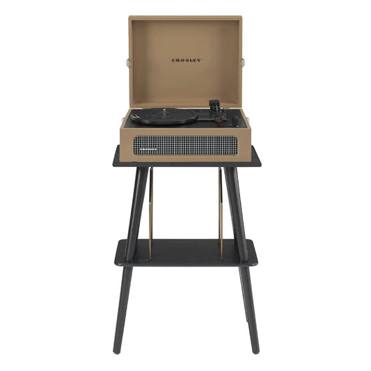 Tan portable turntable on black legs with open lid and front speaker grille