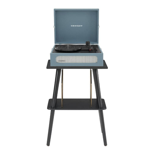 Washed blue portable turntable on black tripod-style entertainment stand, open lid
