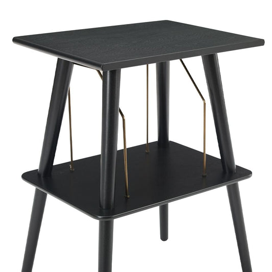 Black entertainment stand with top and bottom shelves and four angled legs