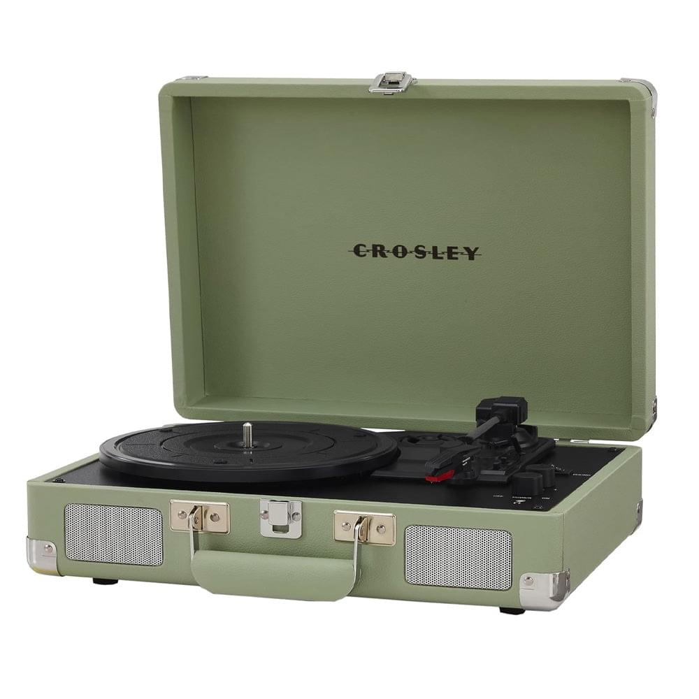 Mint Crosley suitcase turntable, lid open, black platter and built-in stereo speakers.