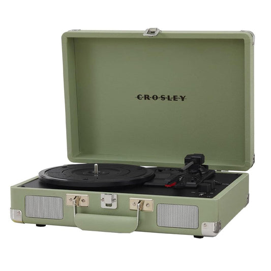 Mint Crosley suitcase turntable, lid open, black platter and built-in stereo speakers.