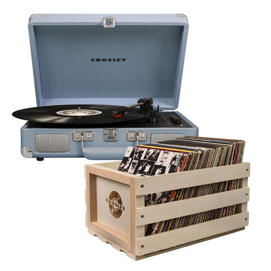 Tourmaline blue turntable with vinyl record and matching wood record storage crate