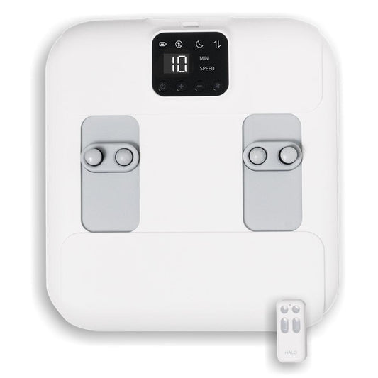 HALO Percussion foot massager, white top view with two controls and screen