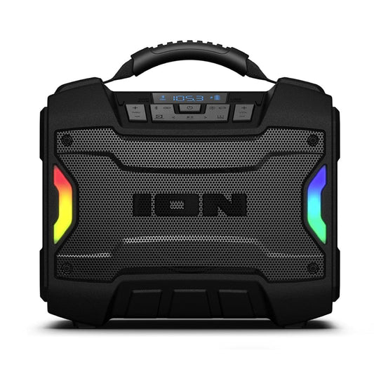 Black portable Bluetooth speaker front grille with glowing LED side accents.