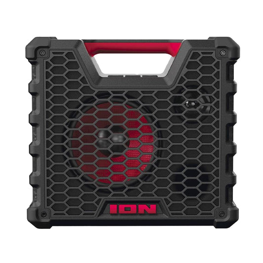 Rugged black speaker with red-edged handle, hex grille, and ION logo