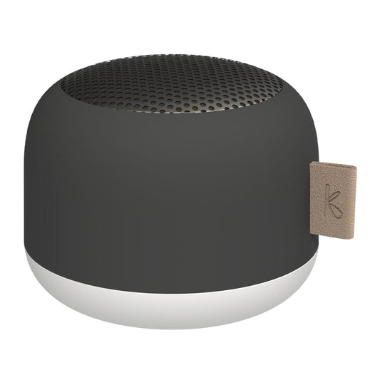 Black Bluetooth speaker with circular metal grille and side wrist strap